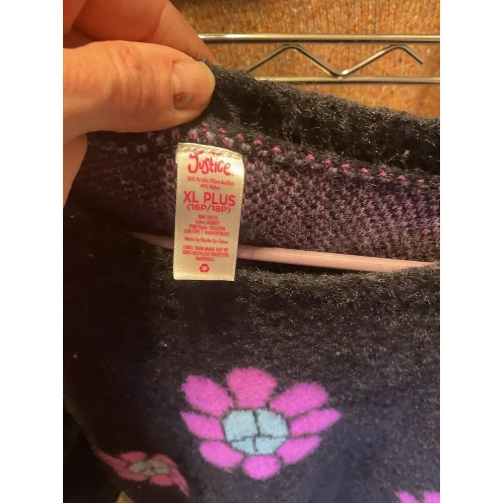 Justice Girls XL Plus 16 18 Black Floral Fuzzy Knit Sweater Pink